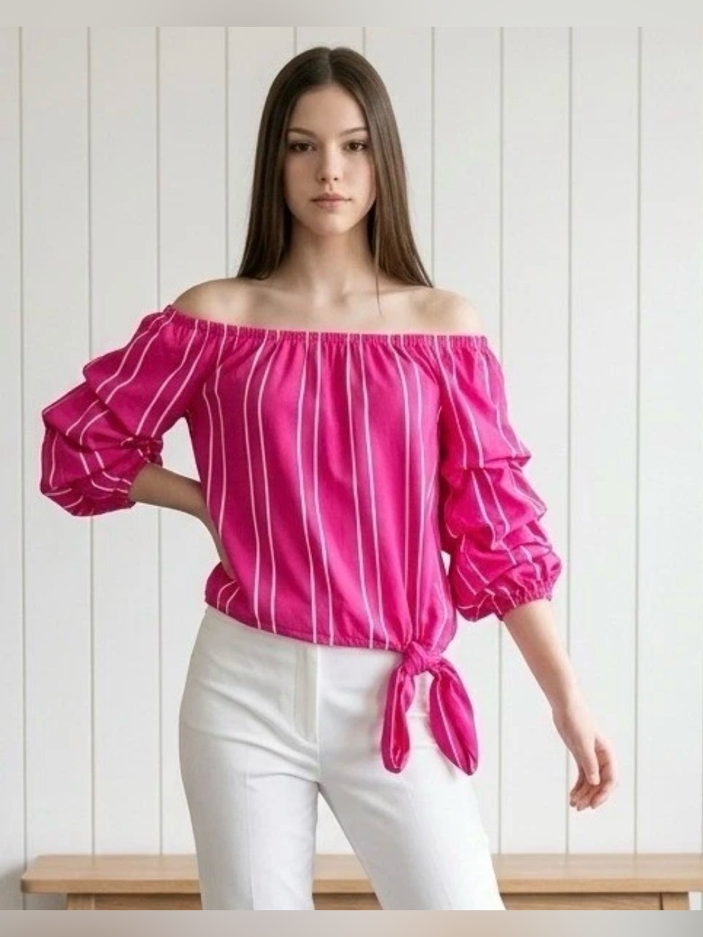 🆕 Vince Camuto Off Shoulder Blouse Hot Pink Stripe Gathered 3/4 Puff Sleeve 1X